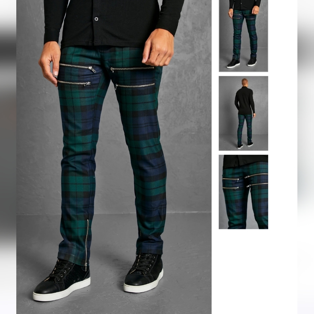 SKINNY TARTAN ZIP TAILORED PANTS